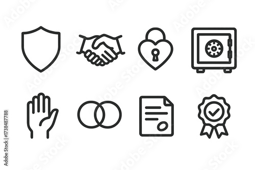 Trust Symbols Icons. Outline icon set of bond and trust: shield, handshake, heart lock, safe, oath, promise ring, agreement contract, trust badge. Line icons
