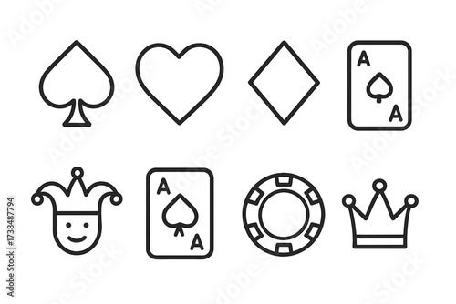 Poker Symbols Icons. Outline icon set of poker symbols: spade, heart, diamond, club, joker, ace, chip, crown. Line icons in only black color, consistent stroke