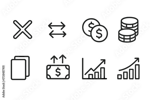 Doubling Icons Set. Outline icon set of doubling concepts: multiply sign, doubling arrows, twin coins, stacked chips, duplicated cards, doubling bet, increase