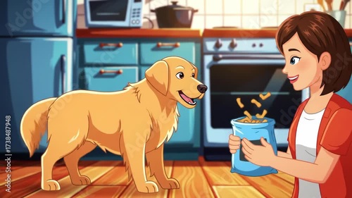 Wallpaper Mural Illustration of a woman offering chips to a dog in the kitchen. Torontodigital.ca