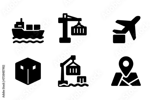Global Shipping Icons. Solid, filled icon set of global shipping: cargo ship, container crane, truck, airplane cargo, shipping box, port, delivery drone,