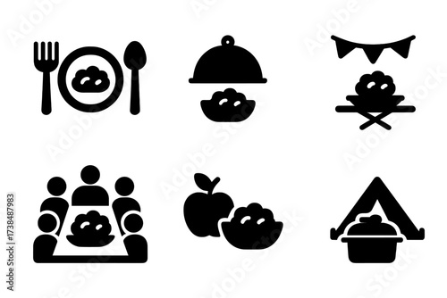 Boiled Bean Meal Icons. Solid, filled icon set of boiled bean meal occasions: lunch, dinner, picnic, party, family meal, healthy snack, potluck, camping. [Line