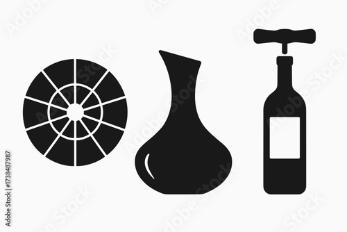 Sommelier Tools Icons. Solid, filled icon set of sommelier tools: taste wheel, decanter, wine