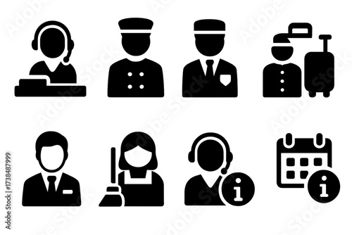Reception Staff Icons. Solid, filled icon set of reception staff roles: receptionist, concierge, security, bellhop, manager, cleaner, information assistant,