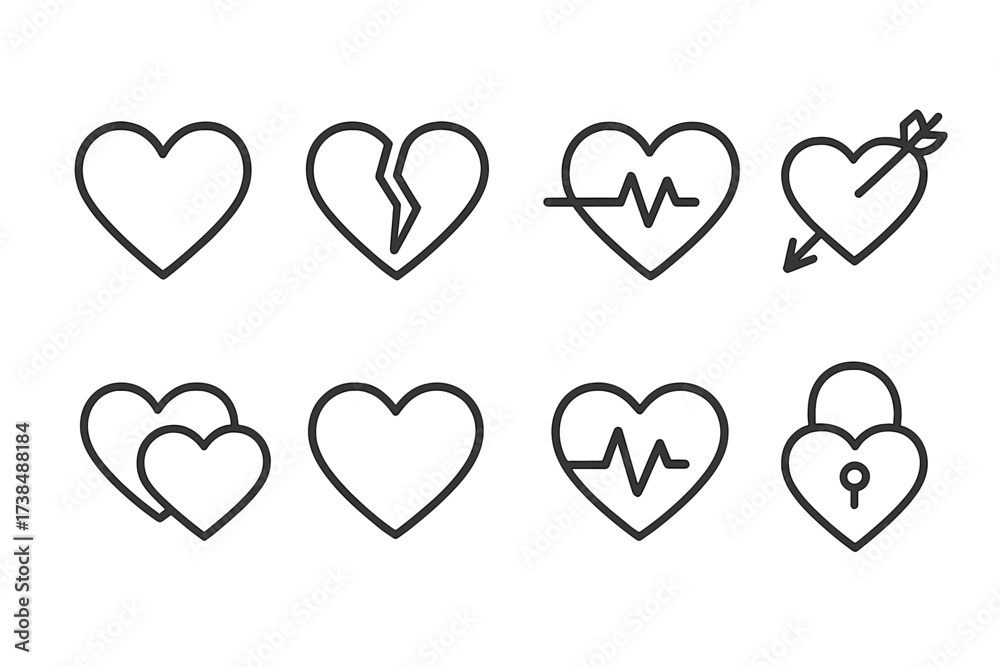 Heart Icon Set. Outline icon set of heart shapes: classic heart, broken heart, beating heart, heart with arrow, double heart, heart outline, heart with pulse,