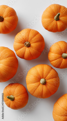 Overhead view of multiple orange pumpkins on a white background, perfect for autumn harvest season and Halloween celebrations.