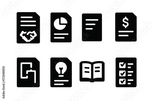 Icon Grid Design. Solid, filled icon set of project documentation: contract, report, memo, invoice, blueprint, proposal, manual, checklist. [Line icons in only