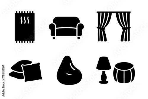 Soft Decor Icons. Solid, filled icon set of softness in home decor: plush carpet, velvet sofa, cushions, curtains, soft rugs, bean bag, fabric lampshade, pouf.