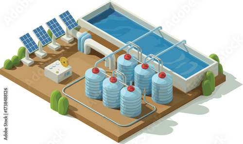 Isometric 3D illustration of modern water treatment plant, wastewater purification facility, clean water process system