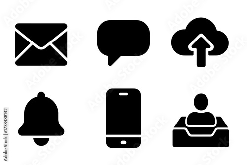 Digital Icon Set. Solid, filled icon set of digital sender: email, chat bubble, send arrow, cloud upload, notification alert, mobile device, user avatar,