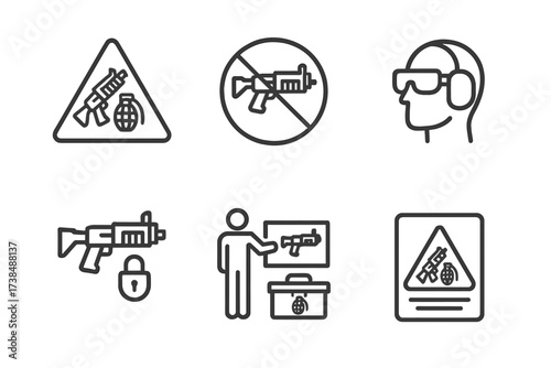 Grenade Launcher Safety Icons. Outline icon set of grenade launcher safety and warnings: danger sign, no fire zone, ear protection, eye protection, trigger