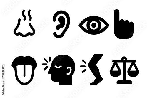 Sensory Instincts Icons. Solid, filled icon set of sensory instincts: smell, hearing, sight, touch, taste, intuition, reflex, balance. [Line icons in only