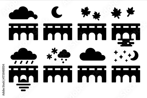 Iconic Bridge Scenes. Solid, filled icon set of old bridge scenes: dawn mist, moonlight glow, autumn leaves, rainy day, snowy crossing, sunset reflection,