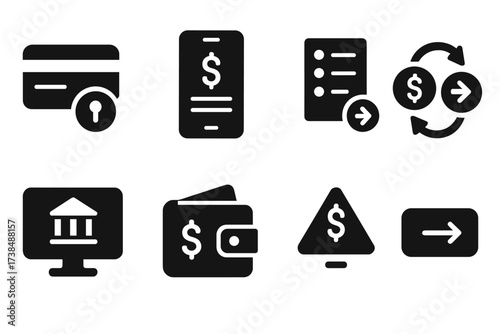 Online Banking Icons. Solid, filled icon set of online banking: debit card login, mobile app, transaction history, instant transfer, bank login screen, digital