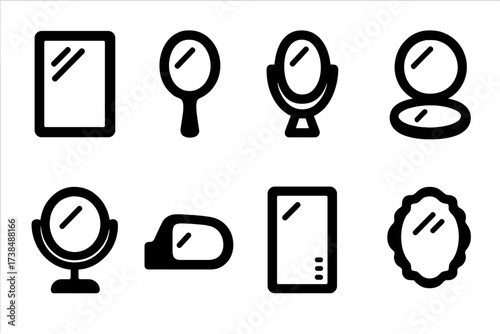 Icon Set_ Mirrors. Solid, filled icon set of mirror types: wall mirror, handheld mirror, standing mirror, compact mirror, vanity mirror, car side mirror, smart