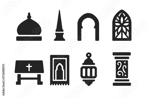 Sacred Architecture Icons. Solid, filled icon set of sacred architecture elements: dome, spire, archway, stained glass window, altar table, prayer mat,