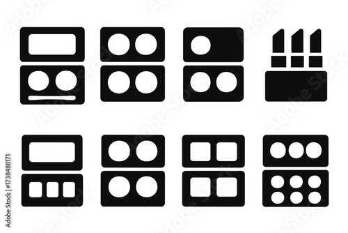 Makeup Palette Icons. Solid, filled icon set of makeup palettes: eyeshadow palette, contour palette, blush palette, lipstick set, highlighter