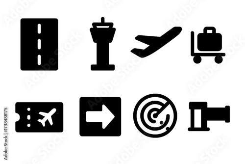 Airport Icon Set. Solid, filled icon set of airport location symbols: runway, control tower, airplane, luggage cart, boarding pass, taxiway sign, radar, gate.