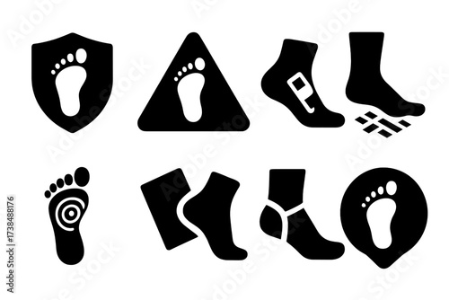 Barefoot Safety Icons. Solid, filled icon set of barefoot safety: foot shield, warning sign, bandage on foot, anti-slip surface, foot reflex symbol, foot wipe,