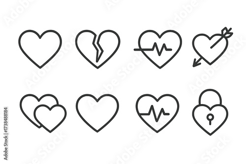 Heart Icon Set. Outline icon set of heart shapes: classic heart, broken heart, beating heart, heart with arrow, double heart, heart outline, heart with pulse,