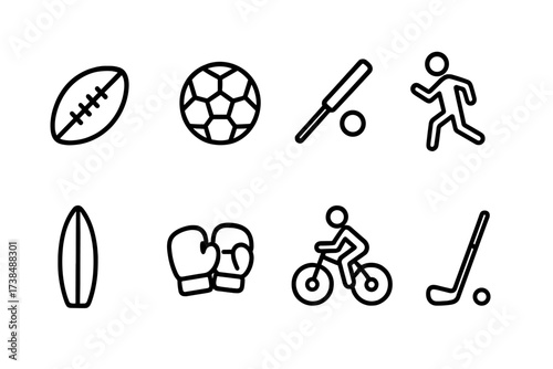South African Sports Icons. Outline icon set of South African sports: Rugby ball, Soccer ball, Cricket bat, Marathon runner, Surfboard, Boxing gloves, Mountain