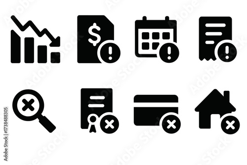 Black Financial Icons Grid. Solid, filled icon set of red numbers scenarios: market crash, loan default, missed payment, tax penalty, audit failure, contract