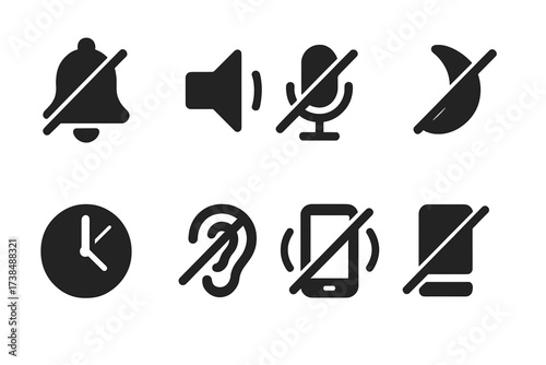 Silent Mode Icons. Solid, filled icon set of silence signs and notifications: muted bell, crossed speaker, no microphone, silent mode, do not disturb, quiet