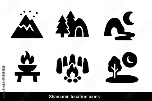 Shamanic Icon Grid. Solid, filled icon set of shamanic locations: sacred mountain, forest, cave, river, altar, circle of stones, fire pit, moonlit clearing.