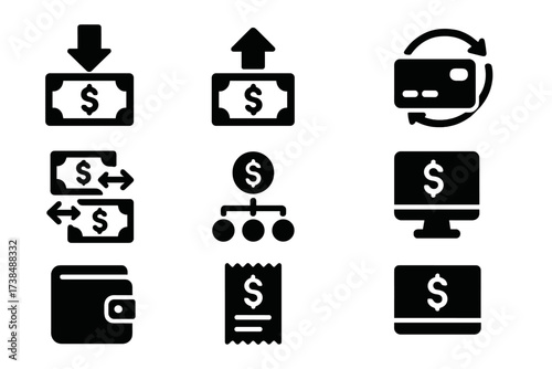 Financial Icon Set. Solid, filled icon set of fund transactions: deposit money, withdraw funds, transfer funds, payment processing, fund allocation,