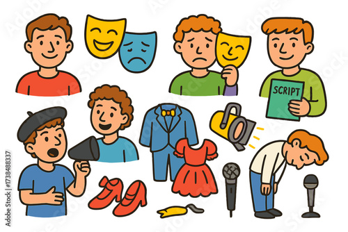 Theatrical Fun. Actors. Colorful Hand-drawn doodle Children illustration actors smiling actor, sad actor, actor with mask, actor with script, director talking,