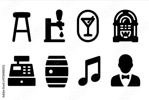 Bar Icons Collection. Solid, filled icon set of shot bar environment: bar stool, draft tap, neon light, jukebox, cash register, beer keg, music note, bartender