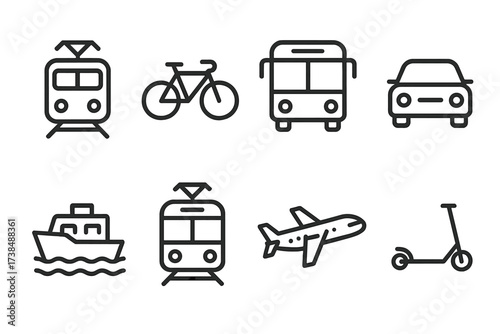Slovak Transport Icons. Outline icon set of Slovak transportation: train, bicycle, bus, car, ferry, tram, airplane, scooter. Line icons in only black color,