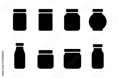 Diverse Jar Icons. Solid, filled icon set of jar shapes: cylindrical, square, hexagonal, round, tall, short, wide mouth, narrow mouth. Solid, filled icons in