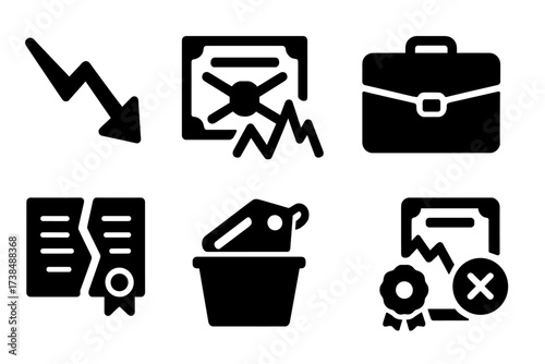 Worthless Stocks Icons. Solid, filled icon set of worthless stocks: falling arrow, crossed-out certificate, broken chart, empty portfolio, torn contract,