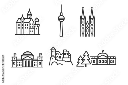 German Landmark Icons. Outline icon set of German landmarks: Neuschwanstein Castle, Berlin TV Tower, Cologne Cathedral, Reichstag building, Heidelberg Castle,