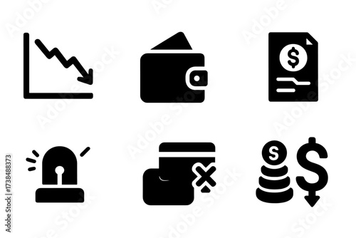 Financial Crisis Icons. Solid, filled icon set of financial crisis: falling graph, empty wallet, bank building, bankruptcy document, alarm bell, credit card