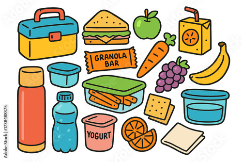 Colorful Lunchbox Doodle. Lunchbox. Colorful Hand-drawn doodle Children illustration sandwich, apple, juice box, granola bar, carrot sticks, grapes, banana,