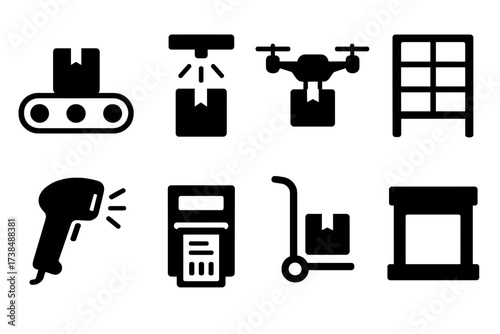 Mailing Logistics Icons. Solid, filled icon set of mailing logistics: conveyor belt, package scanner, delivery drone, mail sorting rack, bar code scanner,