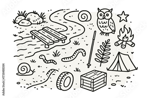 Doodle Mud Path. Mud Path. Hand-drawn doodle illustration mud path wooden plank, stream crossing, moss, earthworm, wheel track, hiking pole, snail shell,