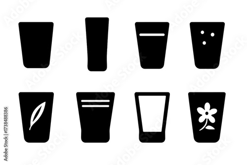 Shot Glass Icons. Solid, filled icon set of shot glass designs: classic, tall, colored, frosted, etched, engraved, clear, decorated. Solid, filled icons in