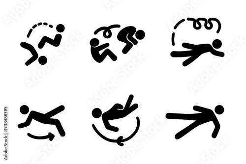 Stick Flip Icons. Solid, filled icon set of stick flip sequences: single flip, double flip, triple flip, continuous flip, reverse flip, side flip, front flip,