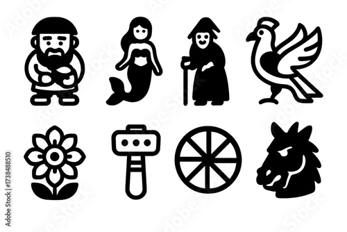 Slavic Folklore Icons. Solid, filled icon set of Slavic folklore: domovoi (house spirit), rusalka (water nymph), baba yaga (witch), firebird, kupala flower,
