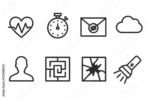 Suspense Icon Collection. Outline icon set of suspenseful moments: suspenseful heartbeat, ticking stopwatch, suspicious envelope, dark cloud, silhouette, maze,