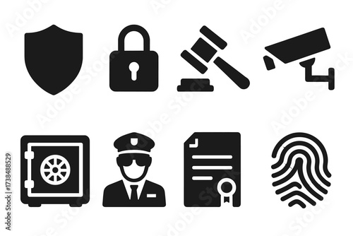Oligarch Security Icons. Solid, filled icon set of oligarch legal and security: shield, lock, gavel, surveillance camera, safe, security guard, contract,