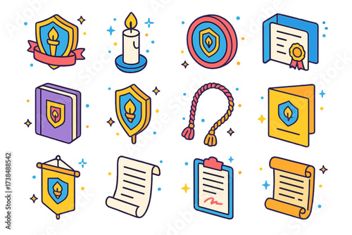Honor Society Icons. Honor society. Colorful isometric vector icons set of honor society: society badge, induction candle, official seal, certificate folder,