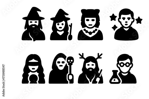 Mystical Beings Icons. Solid, filled icon set of mystical beings: wizard, witch, shaman, sorcerer, oracle, necromancer, druid, alchemist. Solid, filled icons