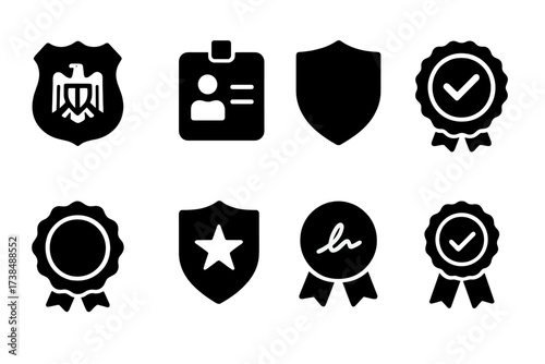 Official Badge Icons. Solid, filled icon set of official badges: government badge, official ID, emblem badge, certification badge, seal badge, authority badge,