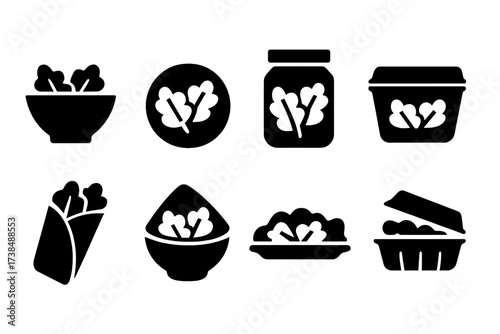 Salad Container Icons. Solid, filled icon set of salad containers: bowl, plate, jar, box, wrap, bowl with lid, serving platter, takeaway container. Line icons