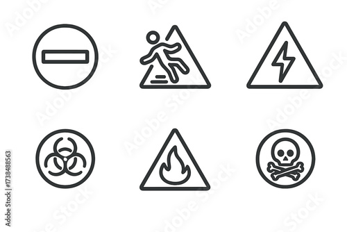 Caution Sign Icons. Outline icon set of caution signs: no entry, slippery floor, high voltage, falling objects, biohazard, fire hazard, poison, radiation. Line