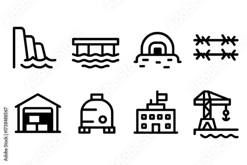 Coastal Defense Icons. Outline icon set of coastal defense infrastructure: sea wall, pier, bunker entrance, barbed wire fence, supply depot, fuel storage tank,